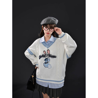Áo len cổ chữ V xoắn dệt kim phong cách preppy, màu sắc tương phản và họa tiết thêu Judy Nick