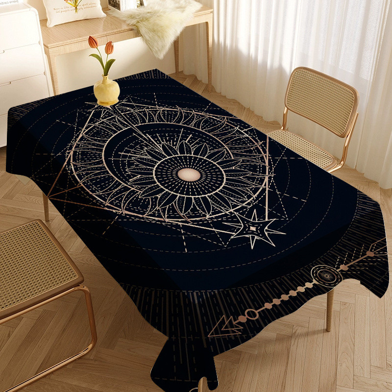 Khăn trải bàn họa tiết mặt trời và mặt trăng | Vải cotton linen xanh đậm, phong cách Boho huyền bí, trang trí bàn ăn, quán cà phê, dễ giặt