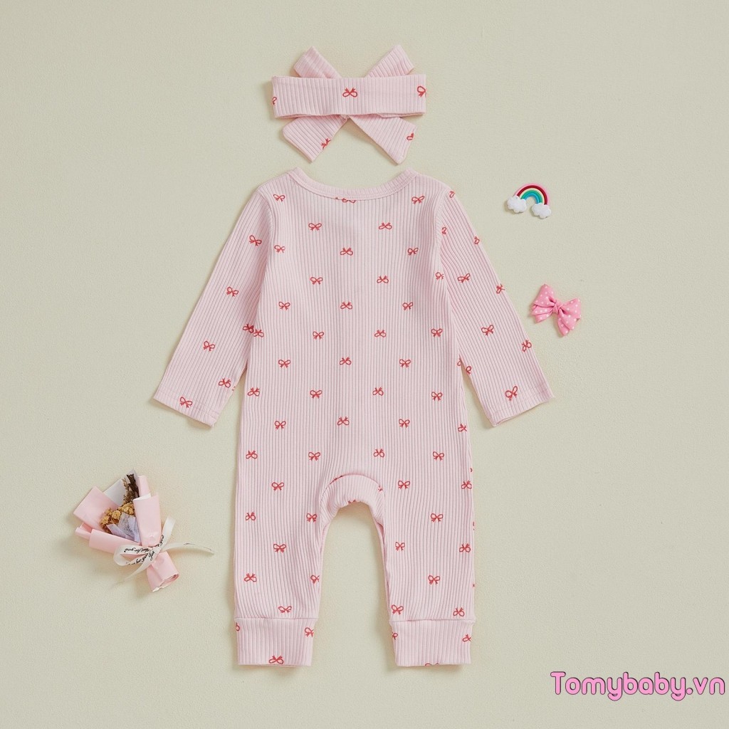 Bộ áo liền quần mùa thu cho bé gái Áo liền quần dài tay cổ tròn dài đầy đủ + Băng đô nơ