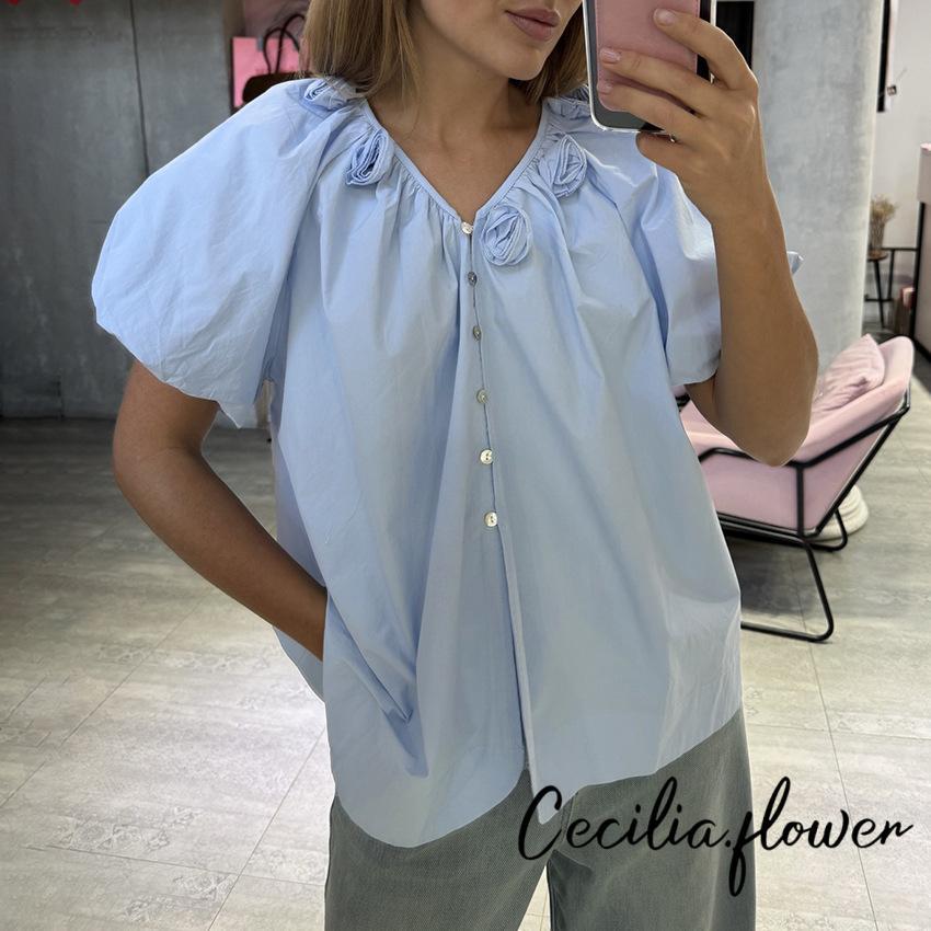 ÁoCropTop cổ chữ V phong cách Hàn Quốc, tay bồng ngắn, họa tiết hoa, dáng rộng tiện lợi cho hàng ngày