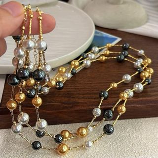 [N1131] Vòng Cổ, Dây Chuyền, Mix Ngọc Nhân Tạo Xám Đen Trắng Vàng Sang Trọng Cho Nữ - DAISYN