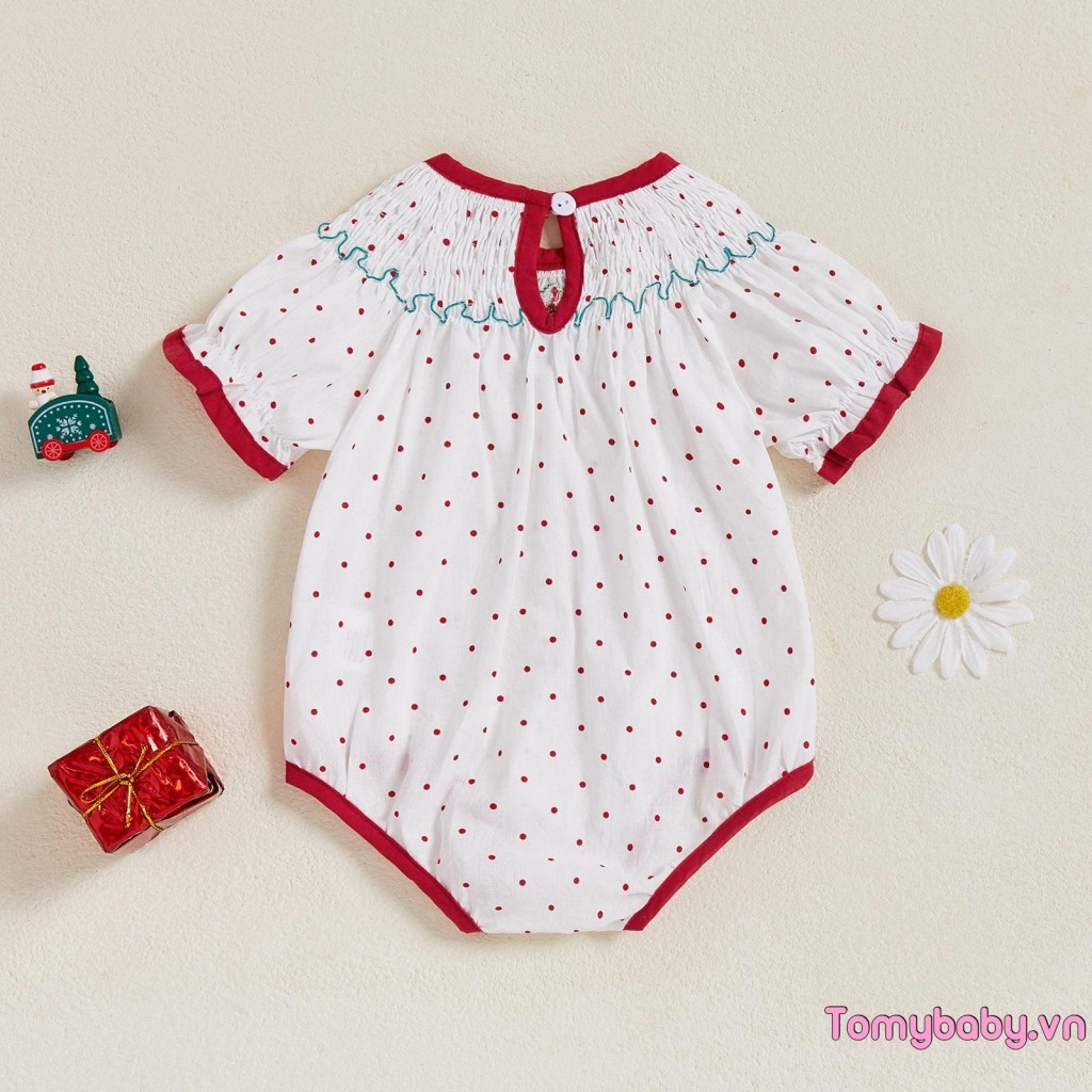 Bé Gái Mùa Hè Áo Liền Quần Chấm Cây Giáng Sinh Thêu Co Giãn Cổ Tròn Xù Tay Ngắn Jumpsuit