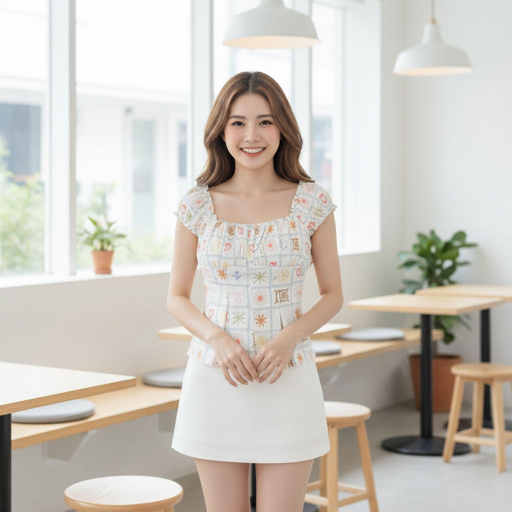Áo 2 Dây Bèo Họa Tiết Hoa Dáng Ôm Lưng Bo Chun Phối Cúc Cài A51472