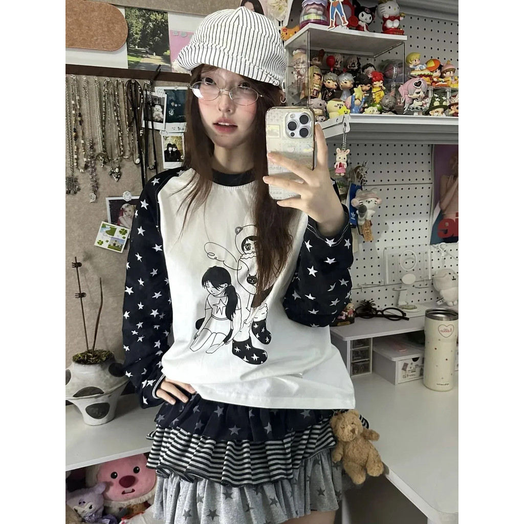 Milyfashion Rời Kích Thước Lớn Thường Ngày Lười Tương Phản Màu Khâu Retro Top Ngôi Sao In Cổ Tròn Tay Dài T Y2K