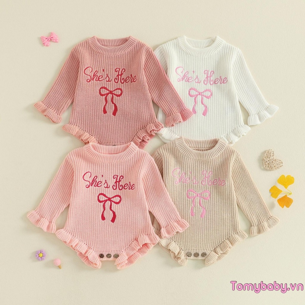 Bé Gái Đan Áo Liền Quần Dài Tay Cổ Tròn Thêu Nơ Chữ Body Cho Hàng Ngày