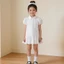 ✿ Bé Gái Hàn Quốc Preppy Puff Tay Đầm Nút Xuống Cổ Xù Viền Mùa Hè Thoáng Khí Trang Phục
