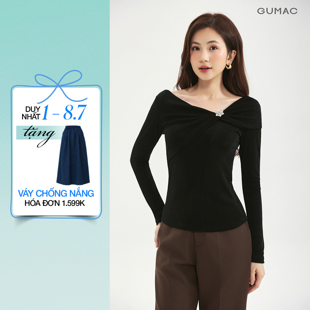 Áo Thun Nữ GUMAC Form Ôm Cổ Kiểu Trễ Vai Tay Dài Ôm Vừa Dễ Phối Đồ Hằng Ngày ATE09012