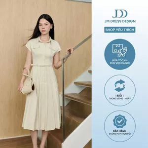 Đầm Thu Đông Cổ Đức Vai Trờm, Chân Xếp Ly 1F40.2511, Đầm Dáng A Midi Cổ Bẻ Túi Giả Menswear Thanh Lịch Cổ Điển By JM