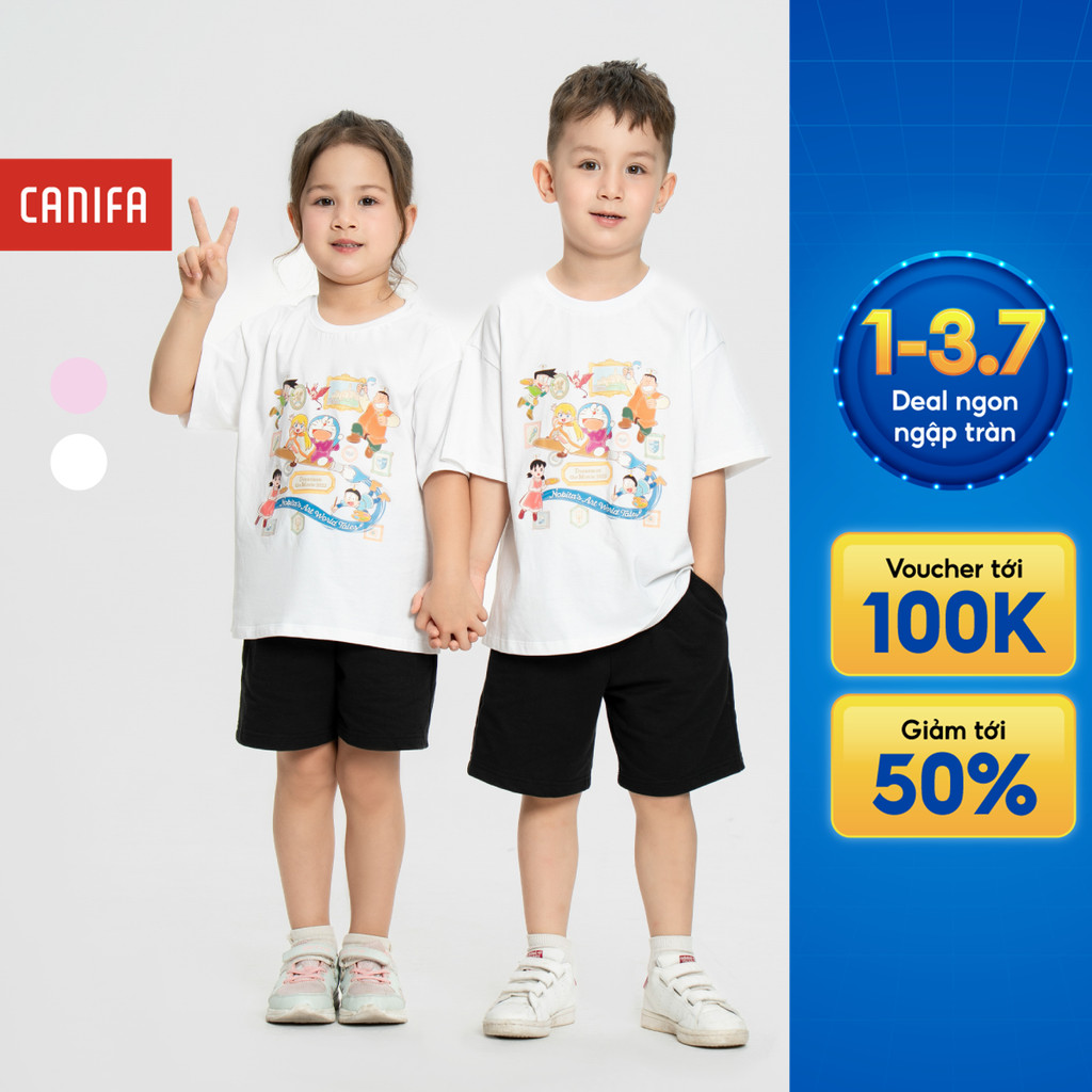 Bộ quần áo unisex trẻ em CANIFA cộc tay quần đùi in hình Doraemon 3ST25S004