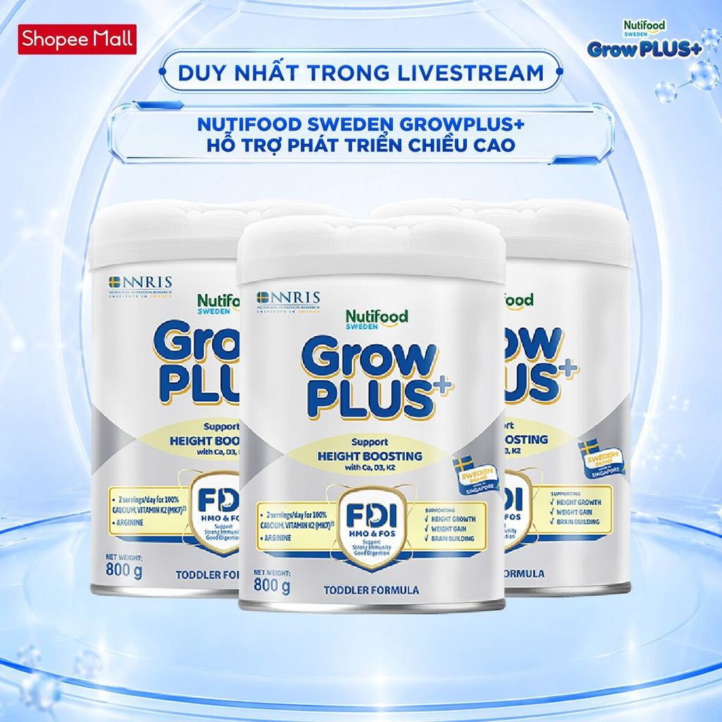 [Livestream BeyondK] Combo 3 Sữa Bột Nutifood Sweden GrowPLUS+ Cao lớn vượt trội từ 1 - 2 tuổi (Bạc) 800g