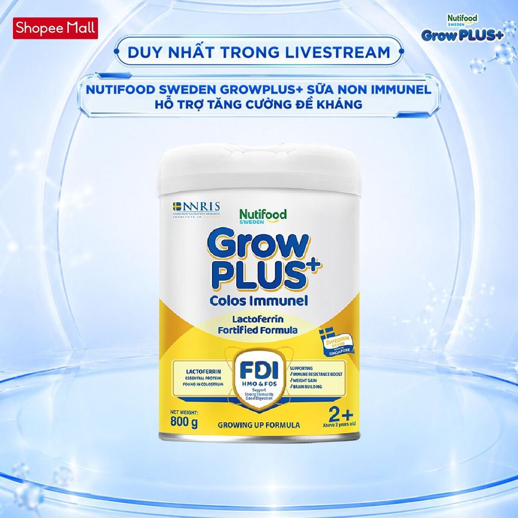 [Livestream KOL] Sữa Bột Nutifood Sweden GrowPLUS+ Sữa Non Immunel trên 2 tuổi lon 800 g (Bao bì tuỳ lô hàng)