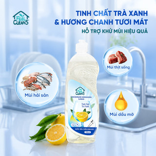 Nước Rửa Chén Đậm Đặc FeelCleans Lemon Đánh Bay Dầu Mỡ, Dịu Nhẹ Da Tay, Tinh Chất Trà Xanh 750ml