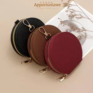Ví tròn IAPPORTUNIA, Ví đựng tiền xu bằng da PU màu trơn, Dây kéo thời trang có dây chuyền đựng thẻ nữ bé gái