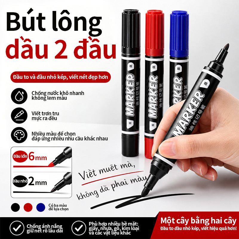 Bút lông dầu 2 đầu mực đậm viết trơn mượt bền ghi chép gỗ nhựa kim loại văn phòng kho xưởng tiện hot