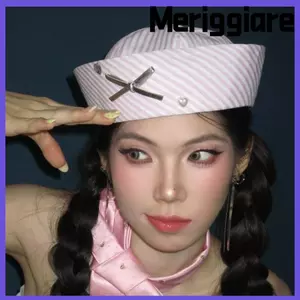 Mũ nồi vành lật MERIGGIARE, Mũ thủy thủ thoáng khí đính kim cương, Nơ sọc thời trang Mũ nồi mái vòm thoải mái dành cho nữ