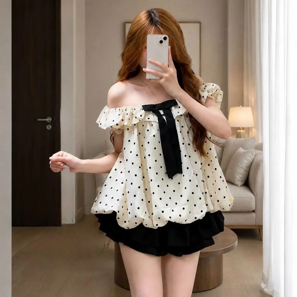 Áo Kiểu Trễ Vai Chấm Bi Đính Nơ Nữ, Áo Babydoll Tay Bồng Bèo Nhún Form Xòe Mặc Đi Chơi Hot Trend Hàn Quốc