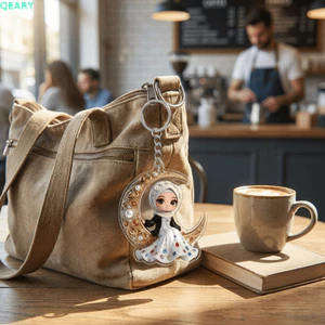 QEARY Lưỡi Liềm Mặt Trăng Acrylic Móc Khóa, Cô Gái Đẹp Hình Hoạt Hình Hợp Thời Trang Hình Móc Khóa, Hijab Thiết Kế 2D Phẳng Nhẹ Ba Lô Trang Trí Quyến Rũ Móc Khóa Bộ Sưu Tập