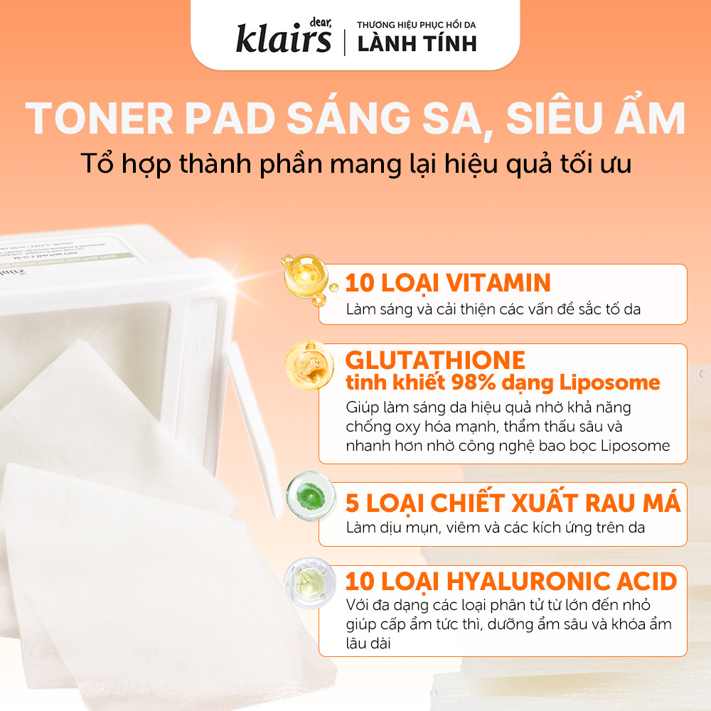 Mặt nạ giấy Dear, Klairs Freshly Vitamin Skin Prep Pads hỗ trợ sáng da, mờ thâm 290ml [FS]