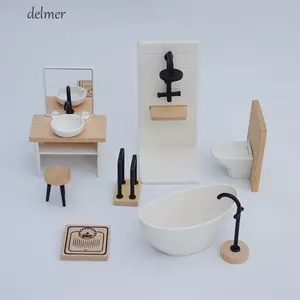 Bộ phòng tắm mô hình nhà búp bê DELMER tỷ lệ 1:12, chậu rửa trắng, bồn tắm mini kèm nội thất, phụ kiện mô hình nhà vệ sinh 1/12