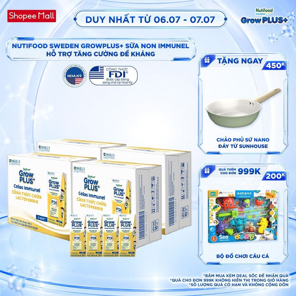 Combo 4 thùng 24 hộp Sữa Bột Pha Sẵn Nutifood Sweden GrowPLUS+ Sữa Non Immunel 180 ml (Bao bì tuỳ lô hàng)