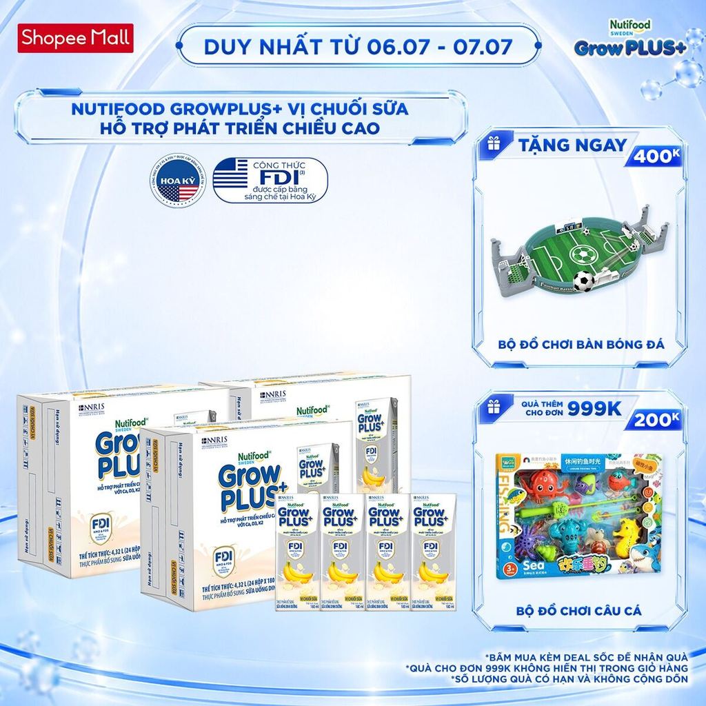 Combo 3 Thùng 24 hộp Sữa bột pha sẵn Nutifood Sweden GrowPLUS+ Vị Chuối Sữa hộp 180ml - Trên 1 tuổi