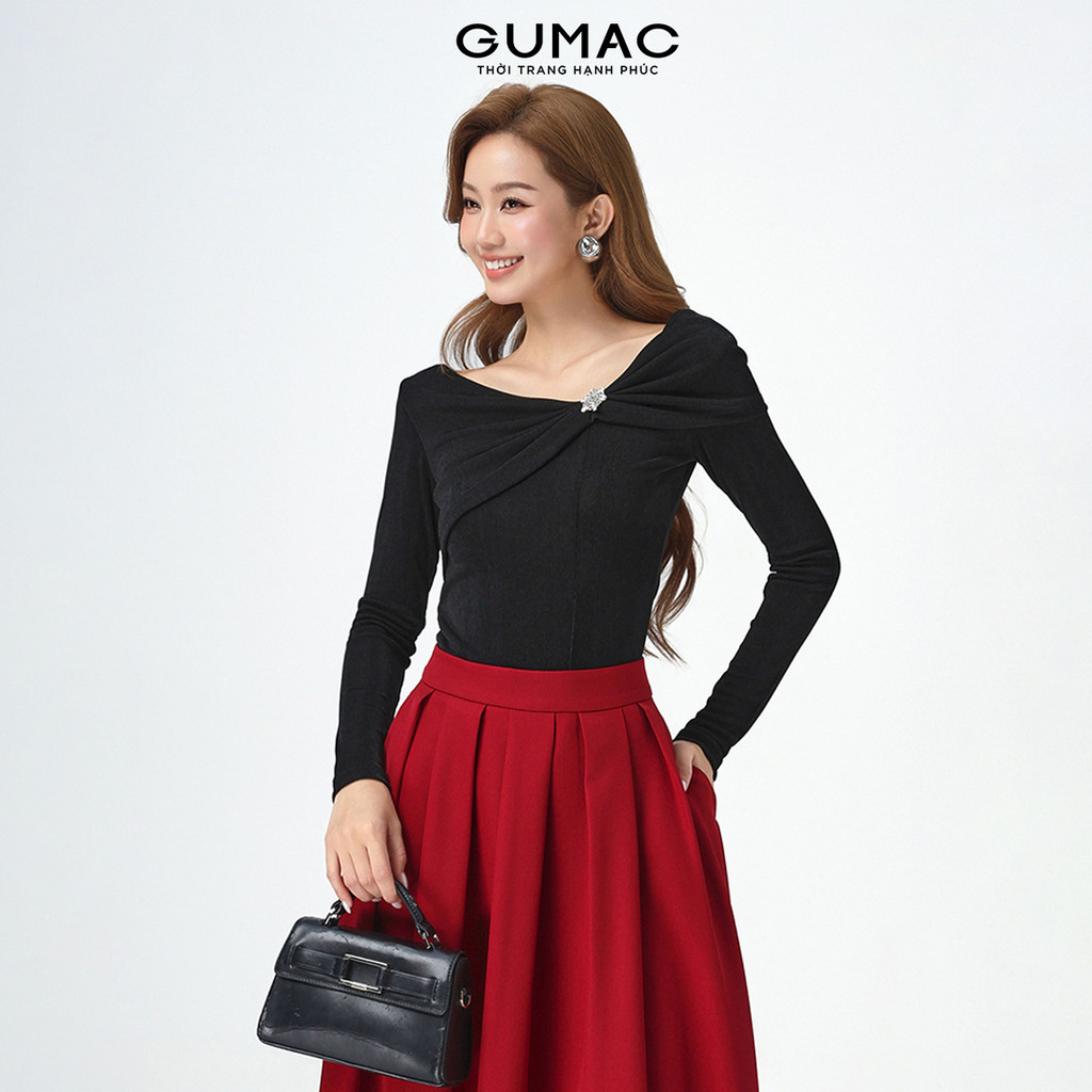 Áo Thun Nữ Tay Dài GUMAC Form Slim Cổ Kiểu Trễ Vai Chất Thun Ướt Co Giãn Thoải Mái ATE09012
