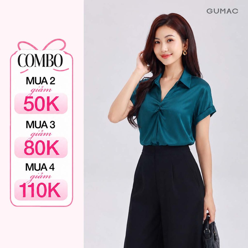 Áo Kiểu Nữ GUMAC Form Suông Tay Ngắn  Cổ Đức Xoắn Ngực Chất Lụa Mềm Mát Thanh Lịch LAG05074