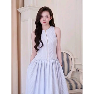 Đầm Maxi Sọc Xanh Dáng Dài Khóa Kéo Ngực Xếp Ly Hạ Eo Tiểu Thư Đi Cafe Biển - CHAMIE STUDIO