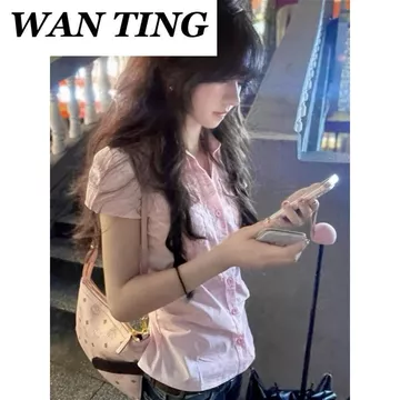 Áo xù nữ (Thích hợp để mặc công sở) Áo sơ mi phong cách Hàn Quốc Áo sơ mi phong cách cổ điển Áo sơ mi màu hồng Áo sơ mi bỏ túi Áo sơ mi ngắn tay Áo sơ mi mùa hè Thiết kế Áo sơ mi Niche Áo sơ mi mỏng v