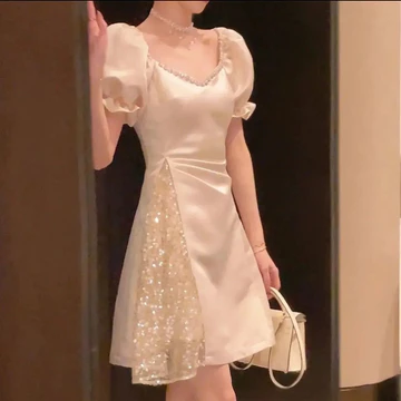 Cửa hàng hoa sen mưa, Hàng có sẵn Vận chuyển nhanh, Váy dự tiệc, Váy cổ chữ V dáng rộng hẹp, Váy ngắn khâu Sequin đính kim cương, Váy ngắn tay, Đi chơi thường ngày