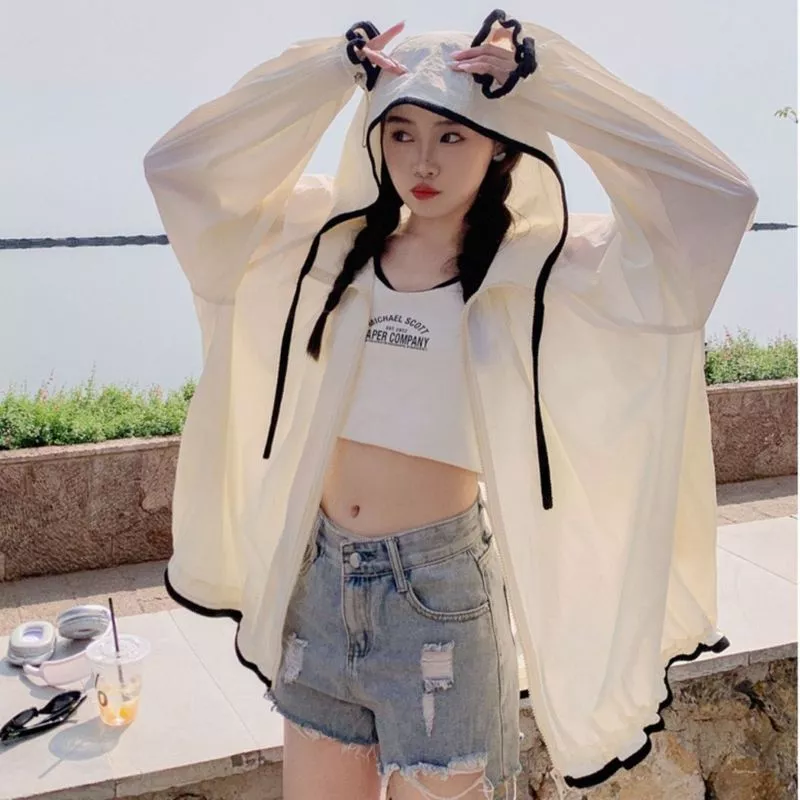 Quần áo chống nắng bằng lụa băng mới Quần áo chống nắng bằng lụa băng Cảm giác mát mẻ nhẹ-Quần áo chống nắng có mũ trùm đầu thời trang 2026 dành cho nữ Mùa hè Áo khoác mỏng dài tay