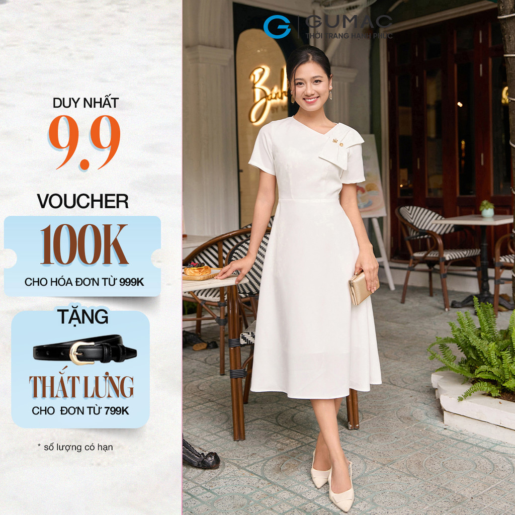 Đầm Nữ Form A GUMAC Cổ Xéo Cách Điệu Đính Nơ 2 Lớp Tuyết Mưa Cao Cấp Tôn Dáng DF08014