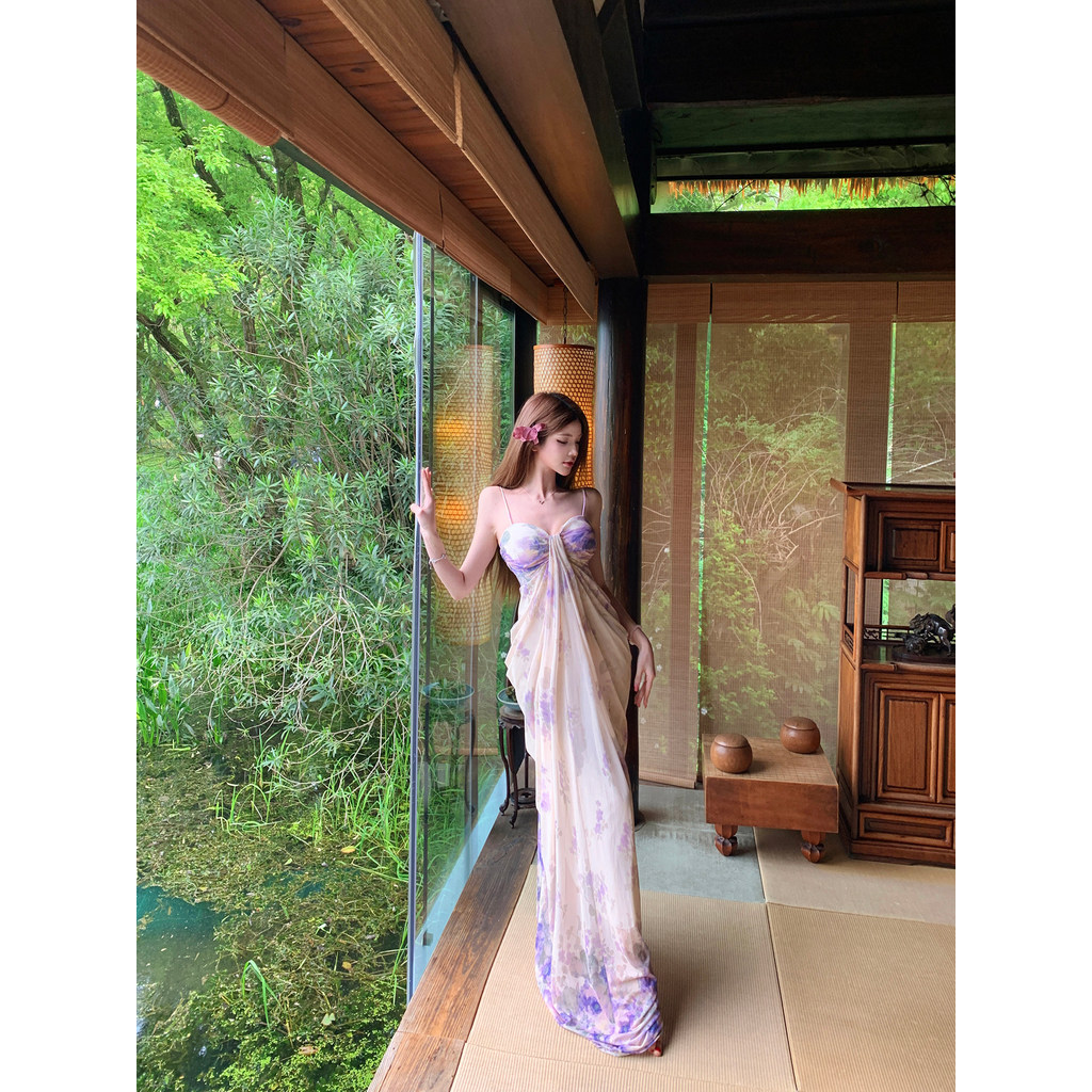 Đầm maxi hoa tím ngọt ngào cổ điển đuôi cá