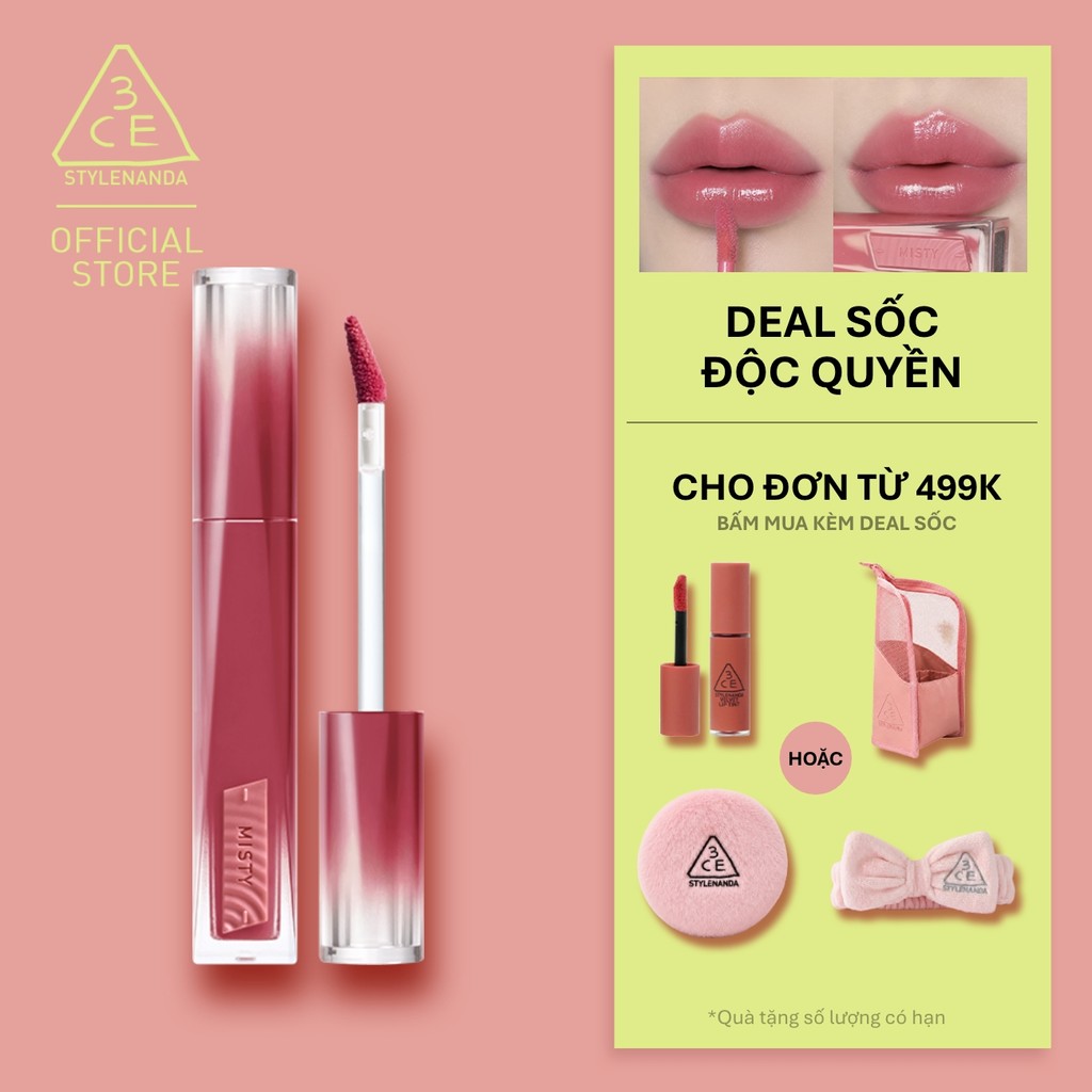 Son Tint Hiệu Ứng Pha Lê 3CE Misty Lip Bare Mỏng Nhẹ Trong Veo, Bền Màu, Mịn Mượt, Không Bết Dính