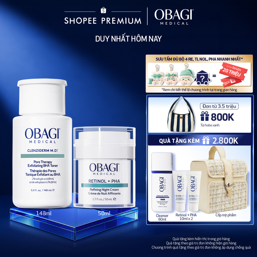 [Voucher SVIP 18%] Bộ đôi Kem Dưỡng Đêm Obagi Retinol + PHA 50ml và Toner Obagi Clenziderm M.D. Exfoliating 2% BHA 148ml
