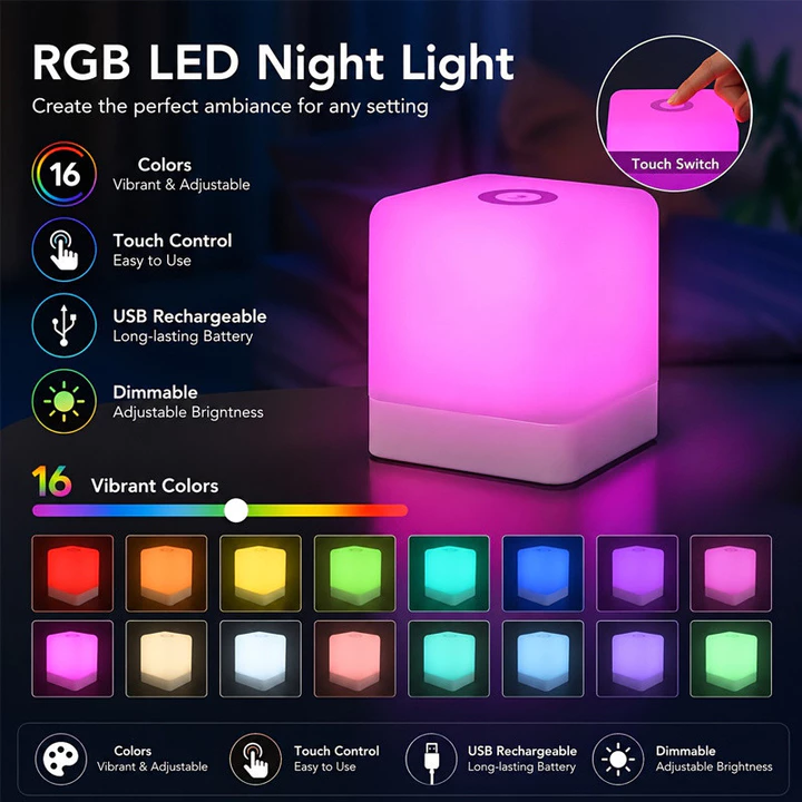 Đèn ngủ RGB vuông, Đèn khí quyển sạc USB, Đèn ngủ cảm ứng, Đèn bàn bảo vệ mắt, Đèn ngủ hỗ trợ giấc ngủ trong phòng ngủ, Đèn bàn đầu giường, Thích hợp cho phòng ngủ, phòng khách, văn phòng, tiệc tùng, 