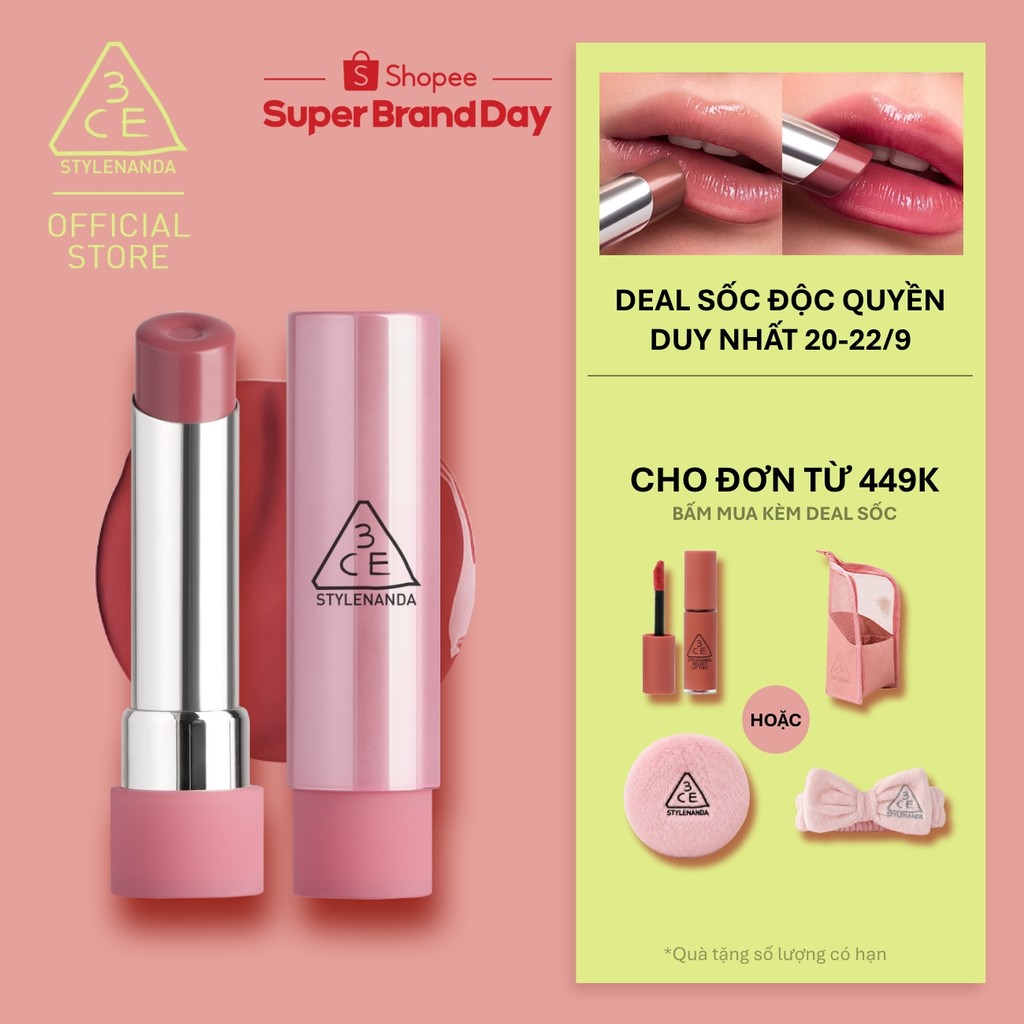 Son Bóng 3CE Glazy Lip Glow Dưỡng Môi Căng Mọng, Mềm Mịn, Lên Màu Chuẩn Sắc, Không Bết Dính, Tự Nhiên