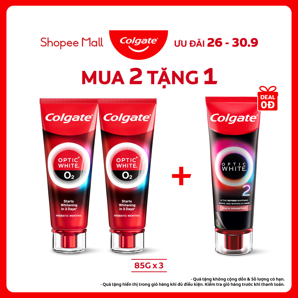 Bộ 2 Kem Đánh Răng Colgate trắng răng TRONG 3 NGÀY Optic White O2 với Oxy Hoạt Tính 85g/tuýp