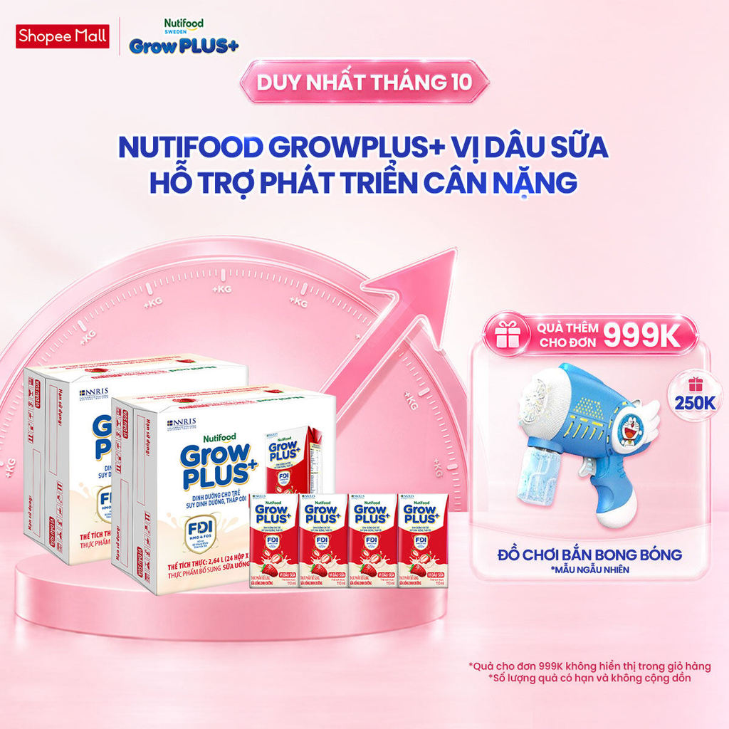 Combo 2 Thùng 24 hộp Sữa bột pha sẵn Nutifood GrowPLUS+ Vị Dâu Sữa hộp 110ml - Trên 1 tuổi