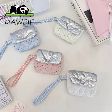 Túi đeo tay Mini DAWEIF, Túi đựng mỹ phẩm chần bông mềm, Hộp đựng tai nghe Họa tiết ngôi sao có tay cầm Ví đựng tiền xu dễ thương Hộp đựng son môi