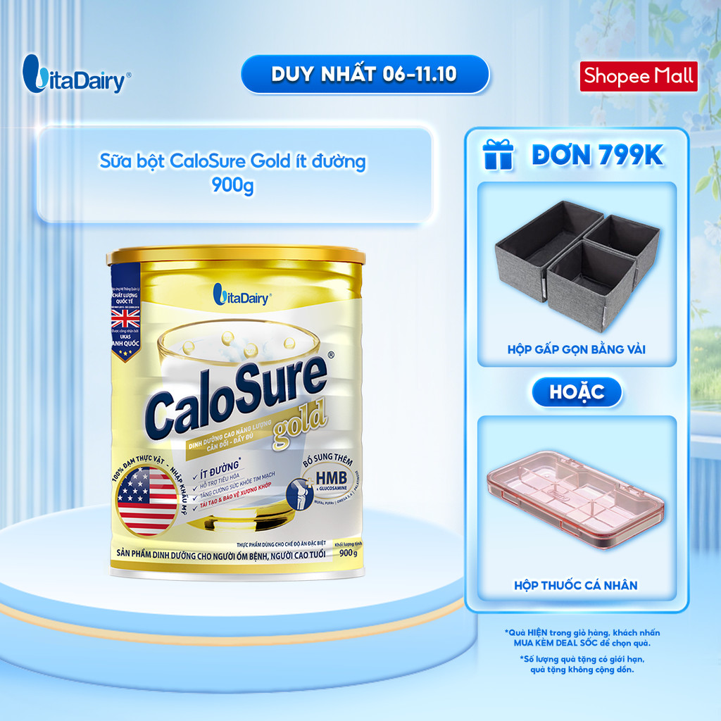 Sữa bột CaloSure Gold ít đường - Bổ sung năng lượng, giúp tiêu hoá khoẻ, hỗ trợ xương khớp khoẻ