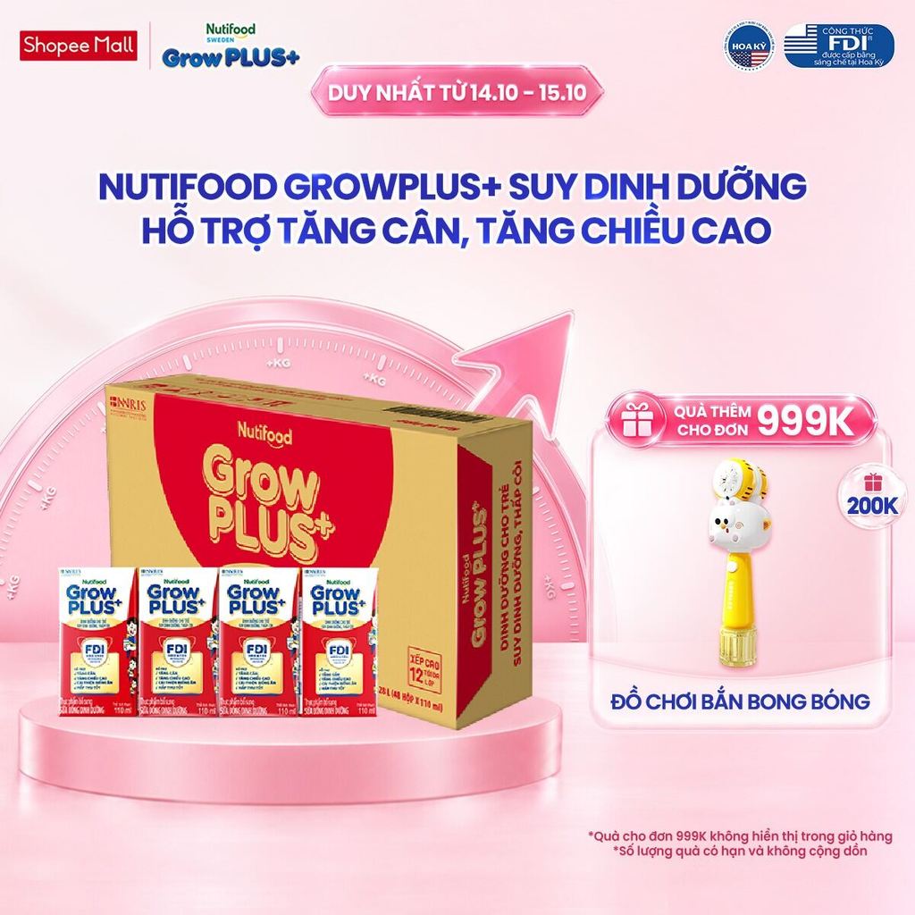 Thùng SBPS Nutifood GrowPLUS+ Suy Dinh Dưỡng (Đỏ) - Tăng Cân, Tăng Chiều Cao (48 Hộp x 110ml) (Bao bì tùy lô hàng)