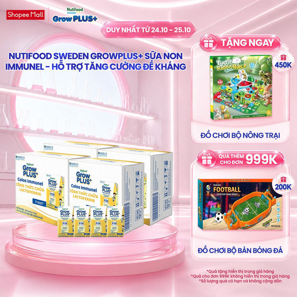Combo 4 Thùng 24 hộp Sữa Bột Pha Sẵn Nutifood Sweden GrowPLUS+ Sữa Non Immunel hộp 110 ml (Bao bì tuỳ lô hàng)