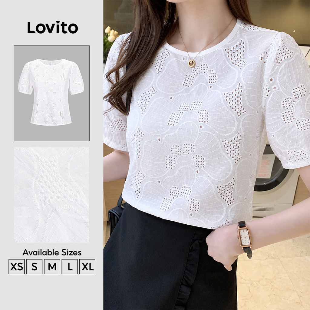 Lovito thanh lịch Áo kiểu thông thường Dây chuyền thêu cấu trúc giải trí Xuân / Hè Áo trắng dành cho nữ L135ED413