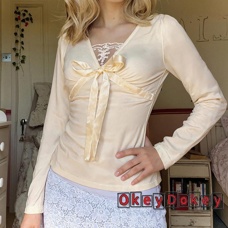 ODokey-Nữ Ren Chắp Vá Áo Nơ Trước Cổ Chữ V Tay Dài Slim Fit Áo