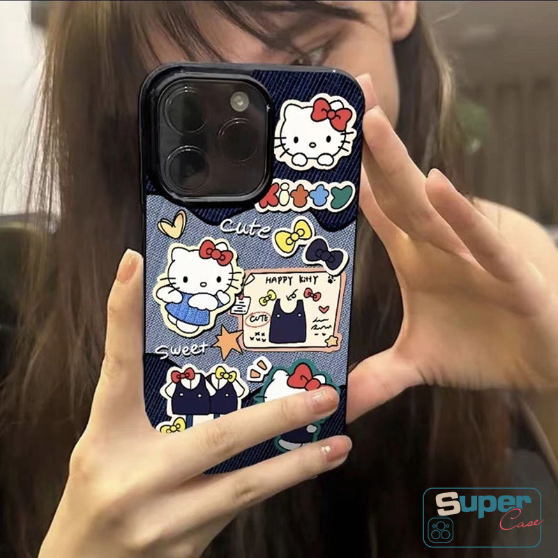 Ốp Lưng Tương Thích Cho IPhone 13 11 16 17 15 14 12 Pro Max Air 12 16 15 14 17 13 Pro 8 16 15 14 6 6s 7 Plus XR X XS Max SE 2020 Thời Trang Denim Dễ Thương Hello Kitty Bìa mềm Bowknot Star