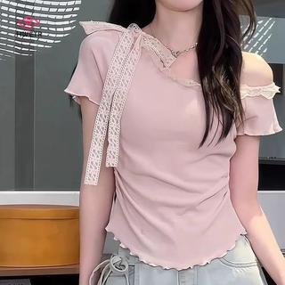 Áo Thun Nữ Phong Cách Off-Shoulder Slim Fit, Chất Liệu Ren, phù hợp Mùa Hè