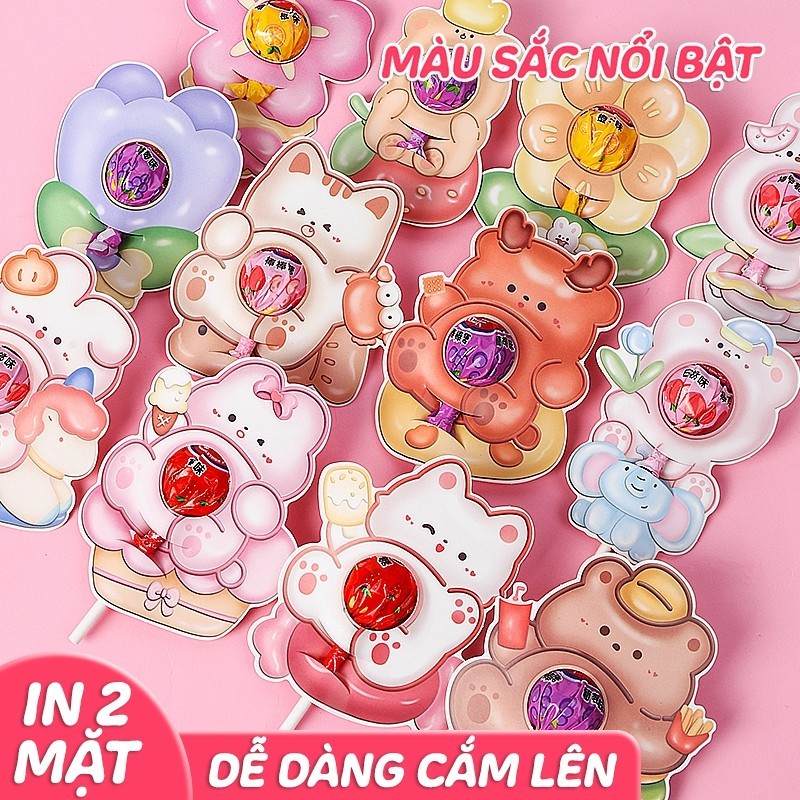 Giấy Bọc Kẹo Mút Hoạt Hình Cute, Thẻ Cắm Kẹo - Phụ Kiện Trang Trí Tiệc, Quà Tặng Xinh Xắn Cho Bé