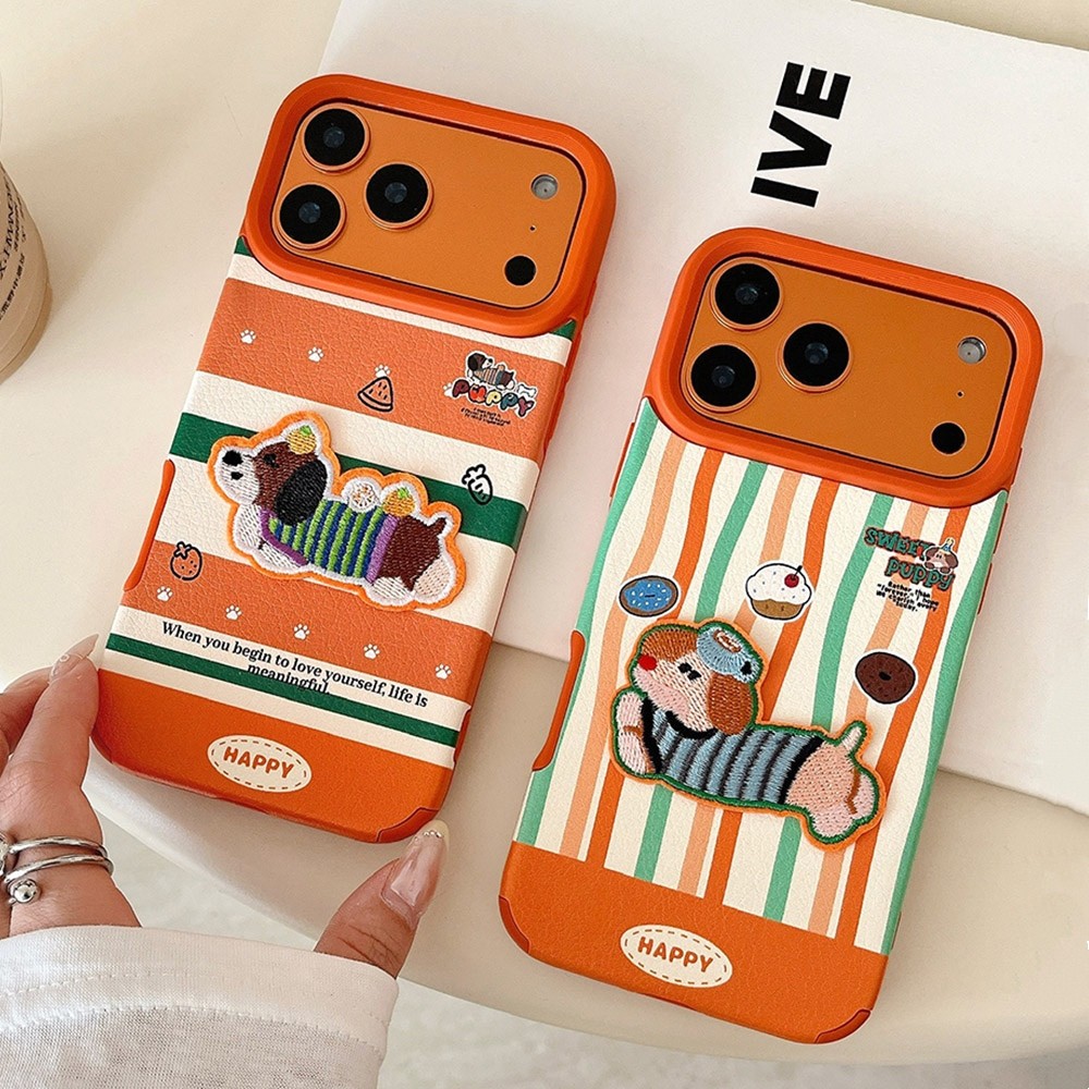3D Thêu Chó Nhiều Màu Sắc Sọc Da Ốp Lưng Điện Thoại iPhone 17 Pro Max 16 15 14 13 12 Vỏ Bảo Vệ Chống Sốc