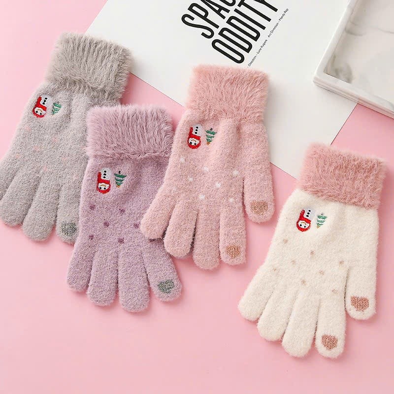 Găng tay len lông cừu mềm mại họa tiết thêu người tuyết cây thông Noel viền cổ tay